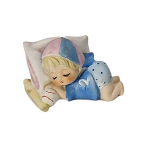 Vtg Lefton Baseball Baby Sleeping On Pillow Hand Painted Bisque Porcelain